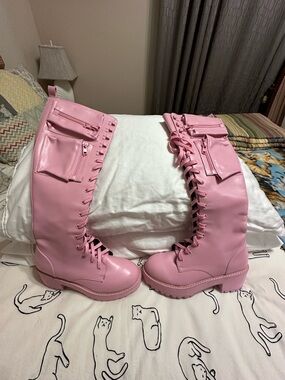 Source Unknown Pink Knee-High Lace-Up Platform Boots with Pockets